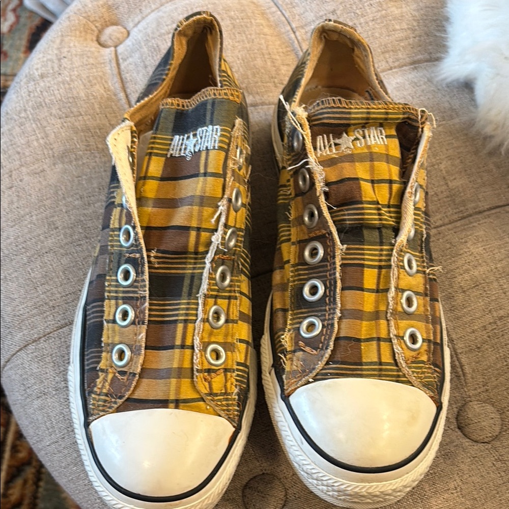 Converse Yellow and Brown Plaid Slip-On Shoes